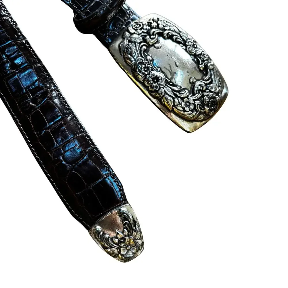 Vintage Brighton brown leather belt with large silver metal floral buckle M